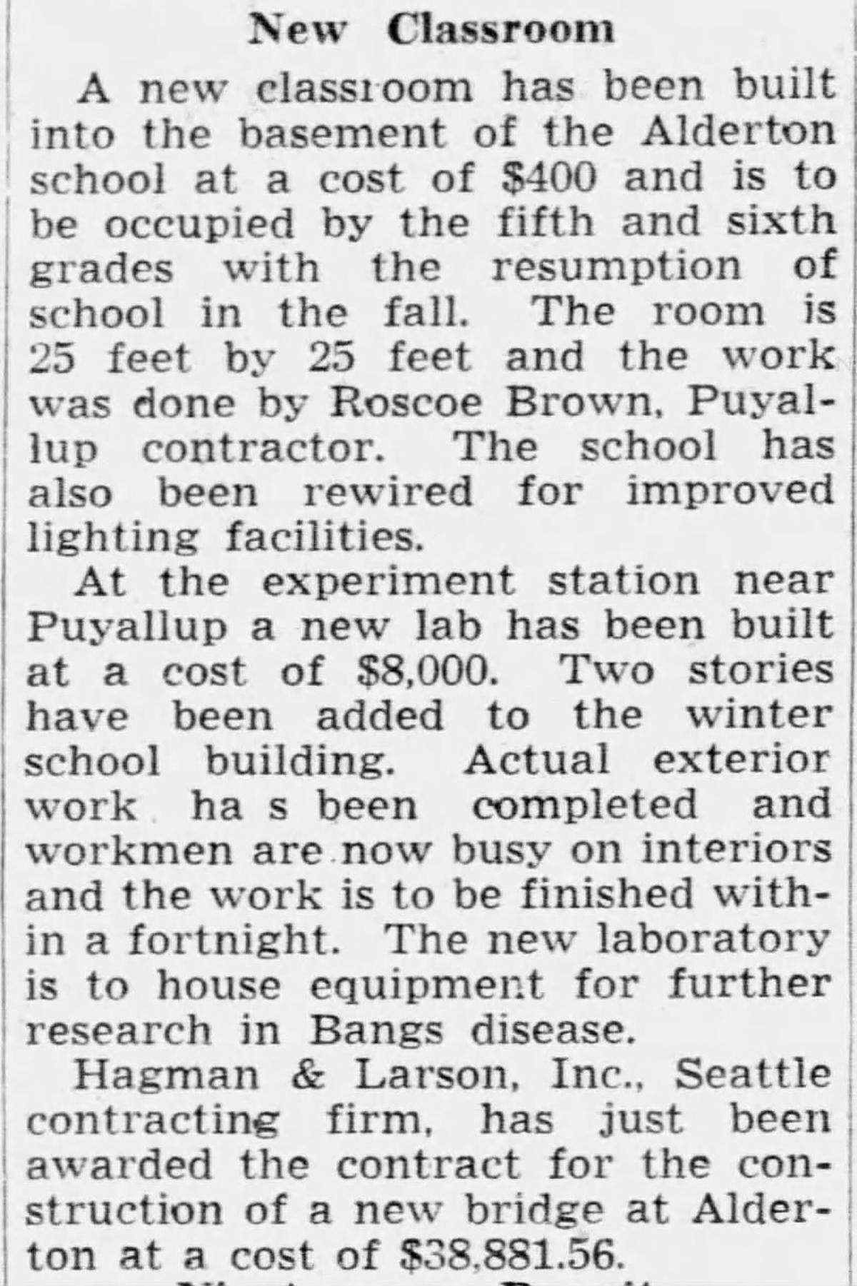 A news clipping from 1936 talks about a new classroom that was built in the basement of the Alderton School.