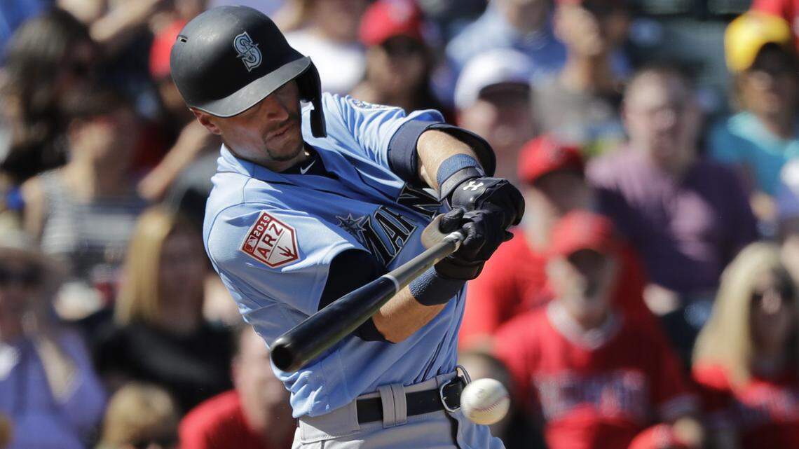 Seattle Mariners’ Braden Bishop in action against the Los Angeles Angels in a spring training baseball game Sunday, March 10, 2019, in Tempe, Ariz. (AP Photo/Elaine Thompson)