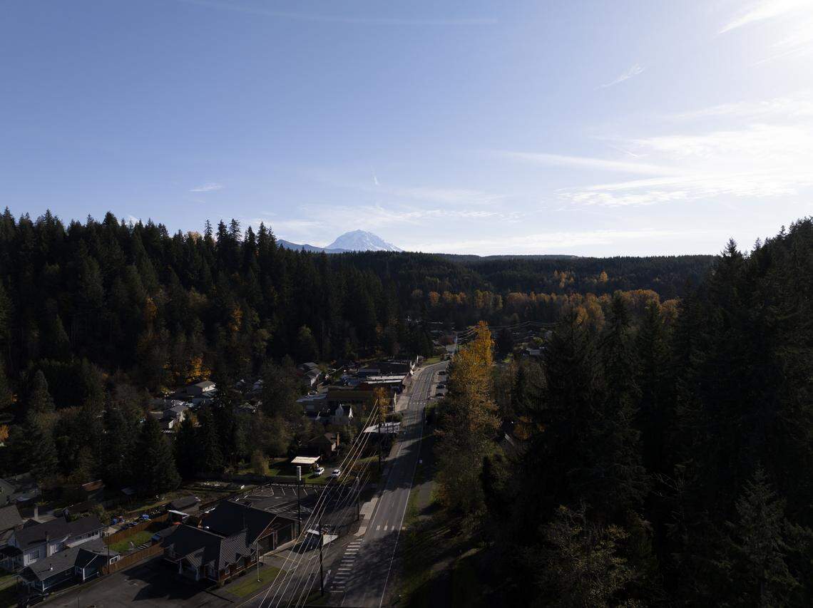 Wilkeson, a small town in Pierce County, whose main economic driver was tourists visiting Mount Rainier National Park, until the Fairfax Bridge closure, on Tuesday, Nov. 11, 2025, in Wilkeson, Wash.