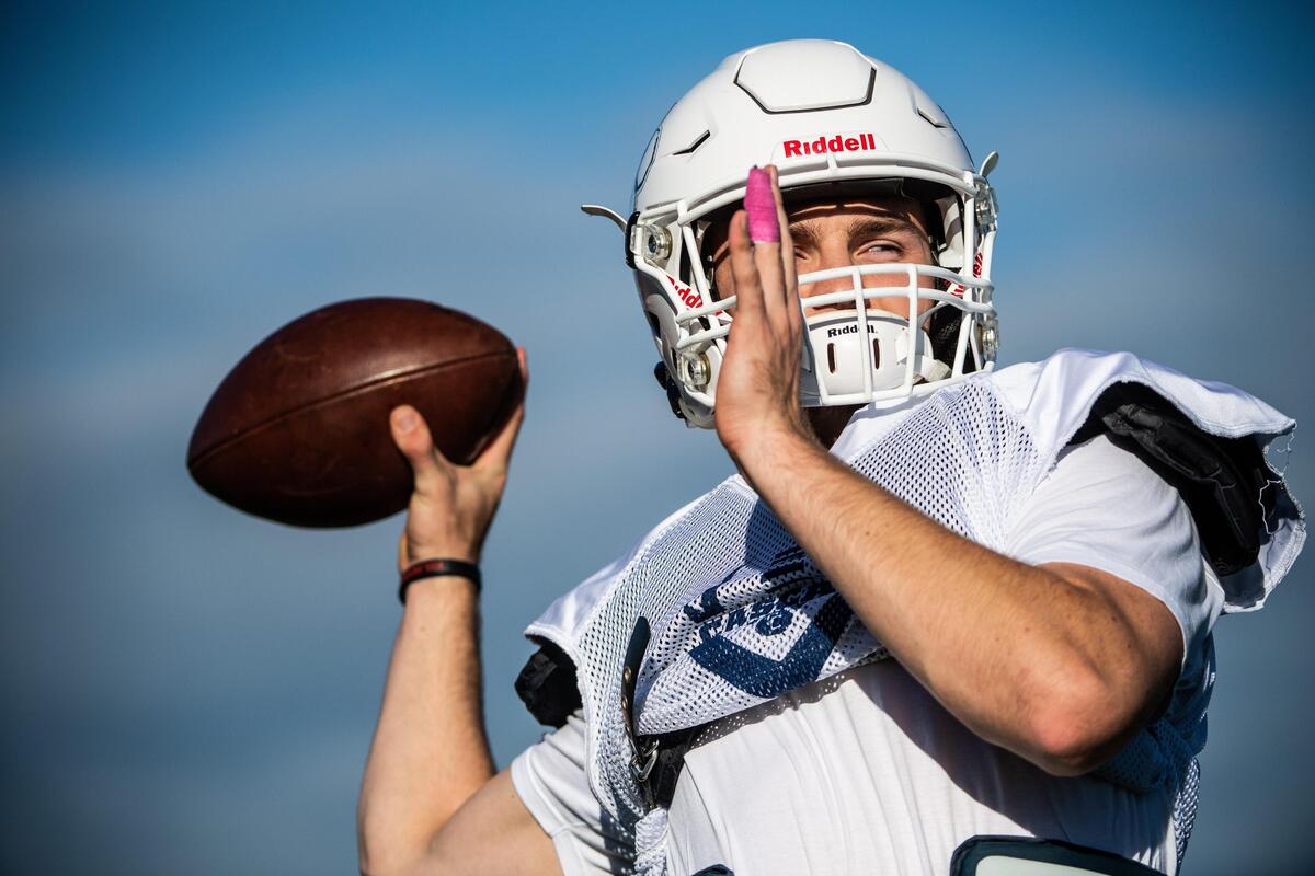 Cascade Christian quarterback Parker Johnson photographed at Cascade Christian High School in Puyallup, Wash., on Thursday, Oct. 24, 2019.