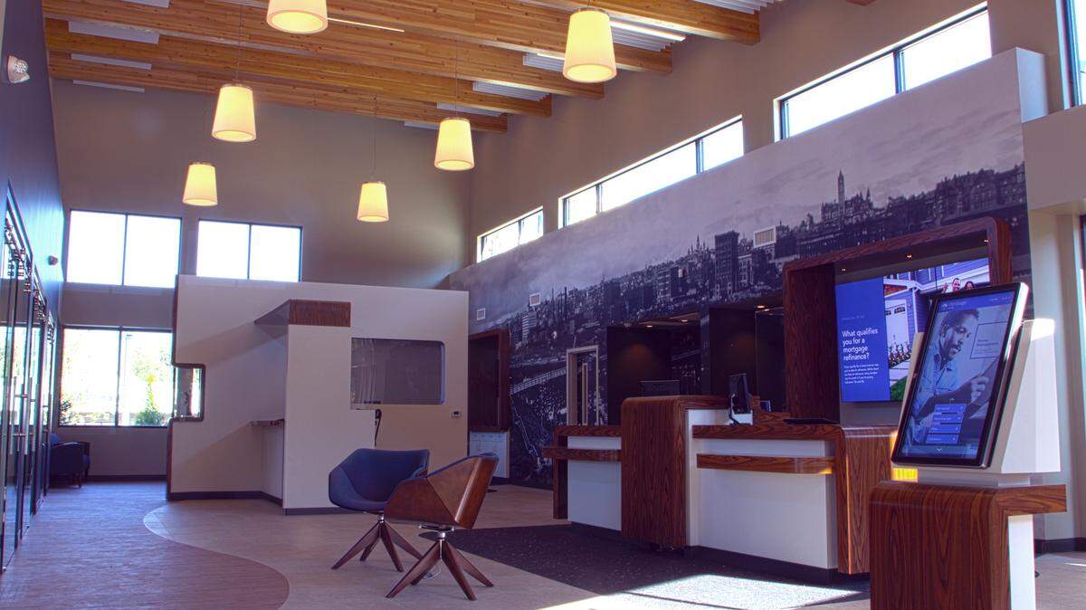 The interior of the new Heritage Bank branch, 5801 Tacoma Mall Blvd., is its first “branch of the future,” with open floor plan and digital kiosks.