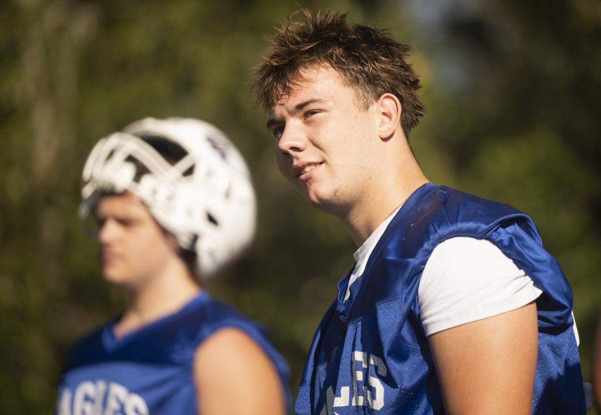 Graham-Kapowsin offensive lineman Douglas Peterson looks on during a football practice at Graham-Kapowsin High School on Friday, Aug. 22, 2025, in Graham, Wash.