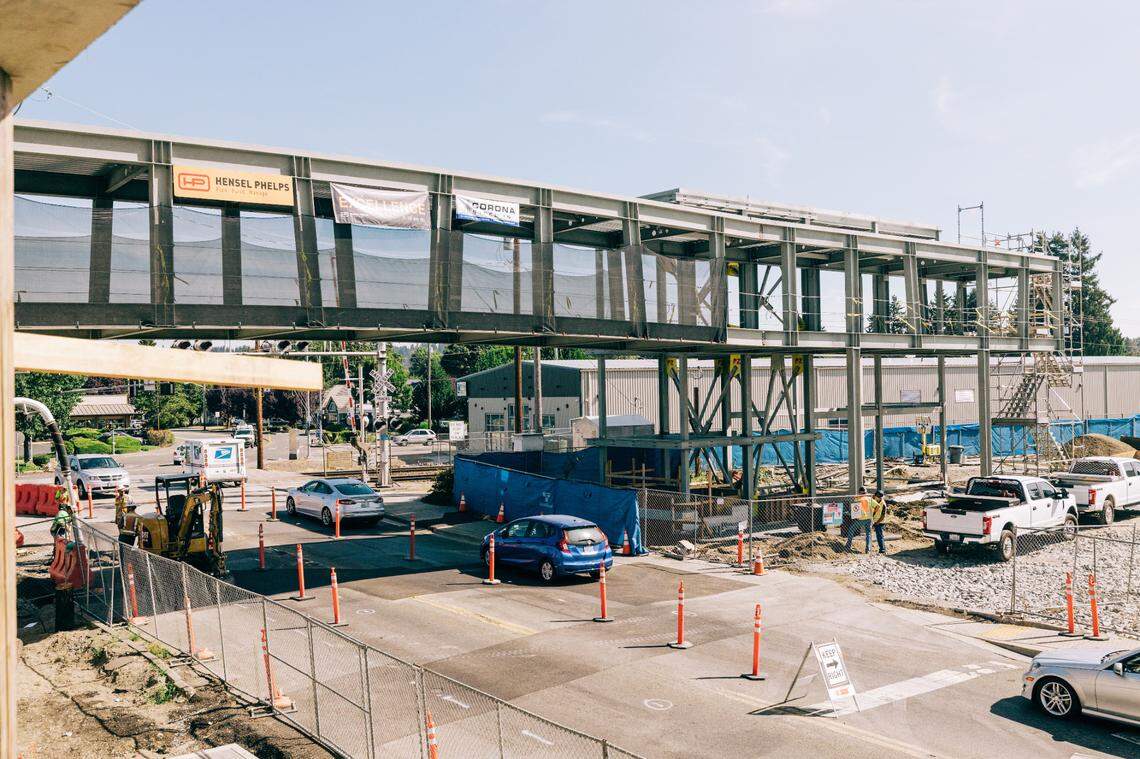 The pedestrian bridge hovers over 5th Street Northwest in Puyallup.