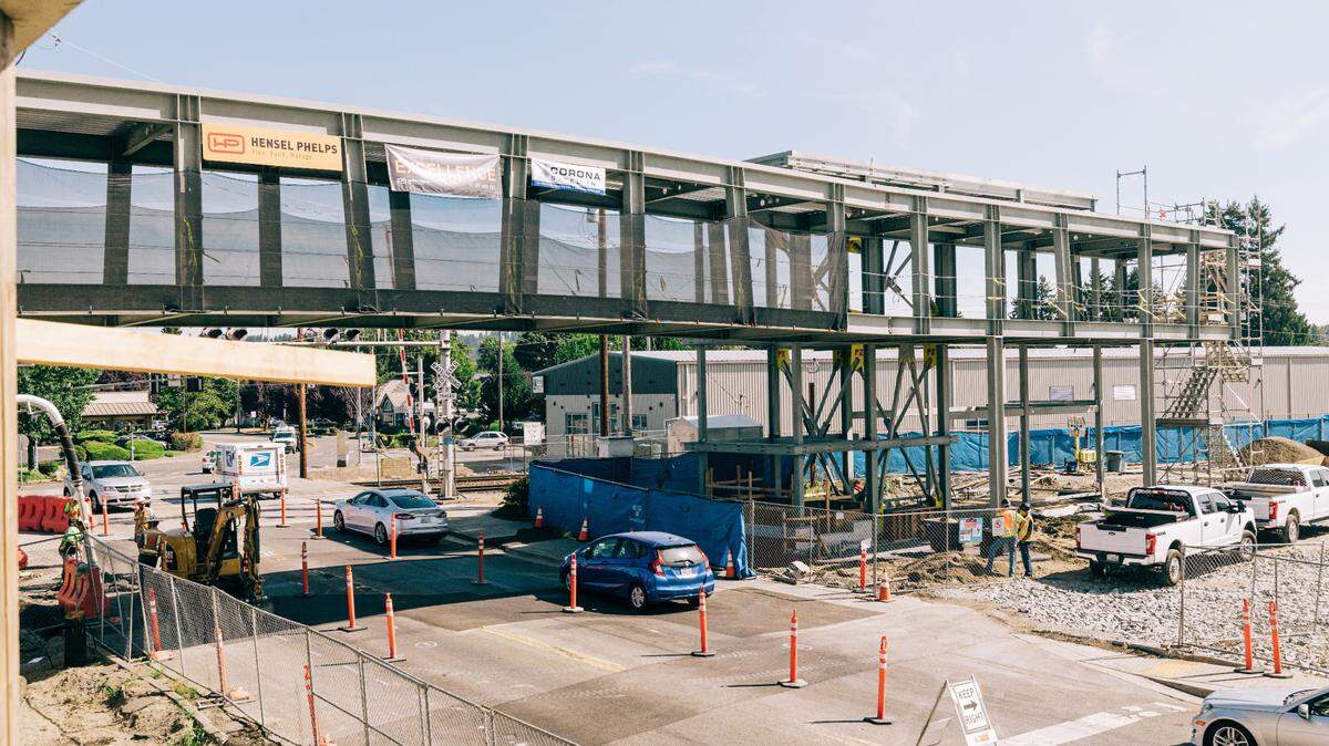 A pedestrian bridge hovers over 5th Street Northwest in Puyallup.