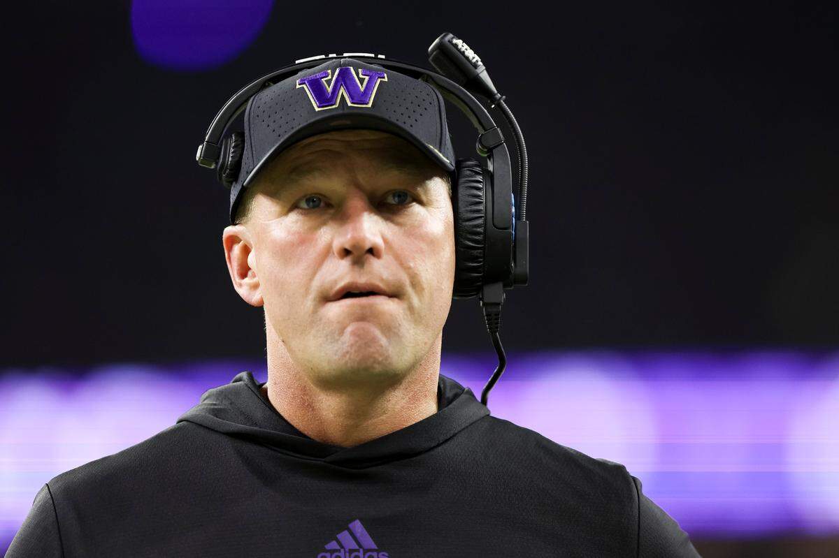 Washington Huskies head coach Kalen DeBoer reacts to a failed conversion on the sidelines during the fourth quarter of the College Football Playoff National Championship game against the Washington Huskies at NRG Stadium on Monday, Jan. 8, 2024, in Houston.