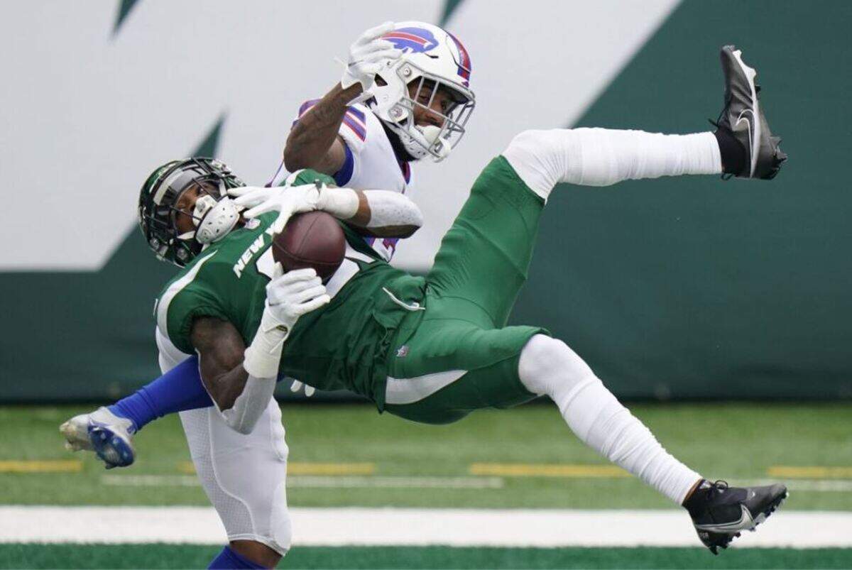 Former New York Jets cornerback Blessuan Austin breaks up a pass intended for Buffalo Bills’ Gabriel Davis, top, Sunday, Oct. 25, 2020, during a game in East Rutherford, New Jersey. The Seahawks signed Austin a week after the Jets released him.