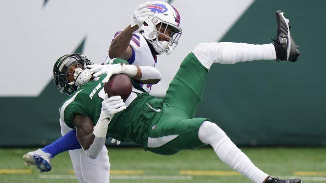 Former New York Jets cornerback Blessuan Austin breaks up a pass intended for Buffalo Bills’ Gabriel Davis, top, Sunday, Oct. 25, 2020, during a game in East Rutherford, New Jersey. The Seahawks signed Austin a week after the Jets released him.