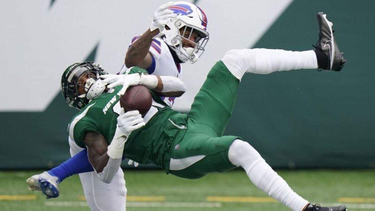 Former New York Jets cornerback Blessuan Austin breaks up a pass intended for Buffalo Bills’ Gabriel Davis, top, Sunday, Oct. 25, 2020, during a game in East Rutherford, New Jersey. The Seahawks signed Austin a week after the Jets released him.