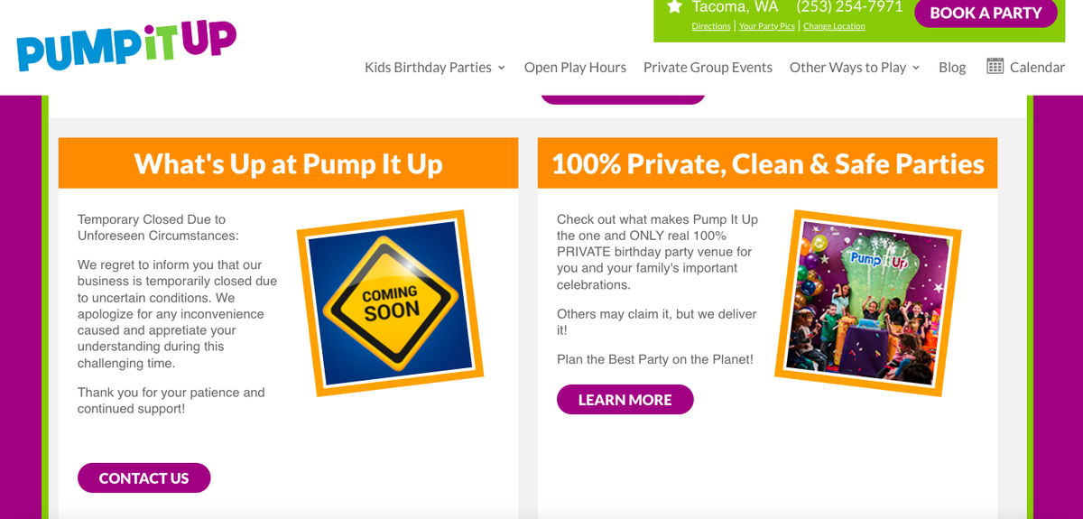 A screenshot from the Tacoma Pump It Up Party website Friday afternoon.