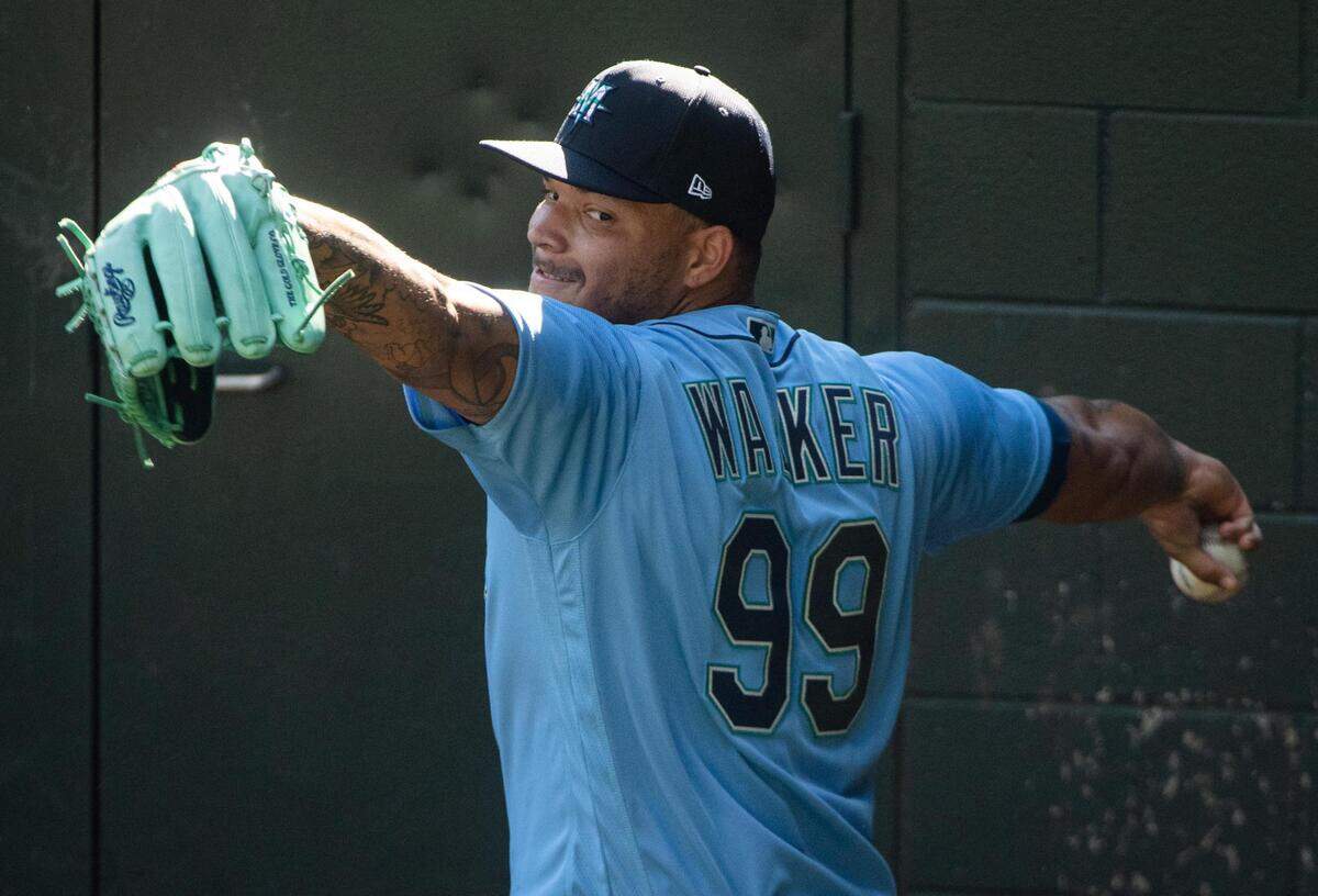 Seattle Mariners starting pitcher Taijuan Walker (99) warms up before the Seattle Mariners intrasquad game at T-Mobile Park in Seattle, Wash., on Sunday, July 19, 2020.