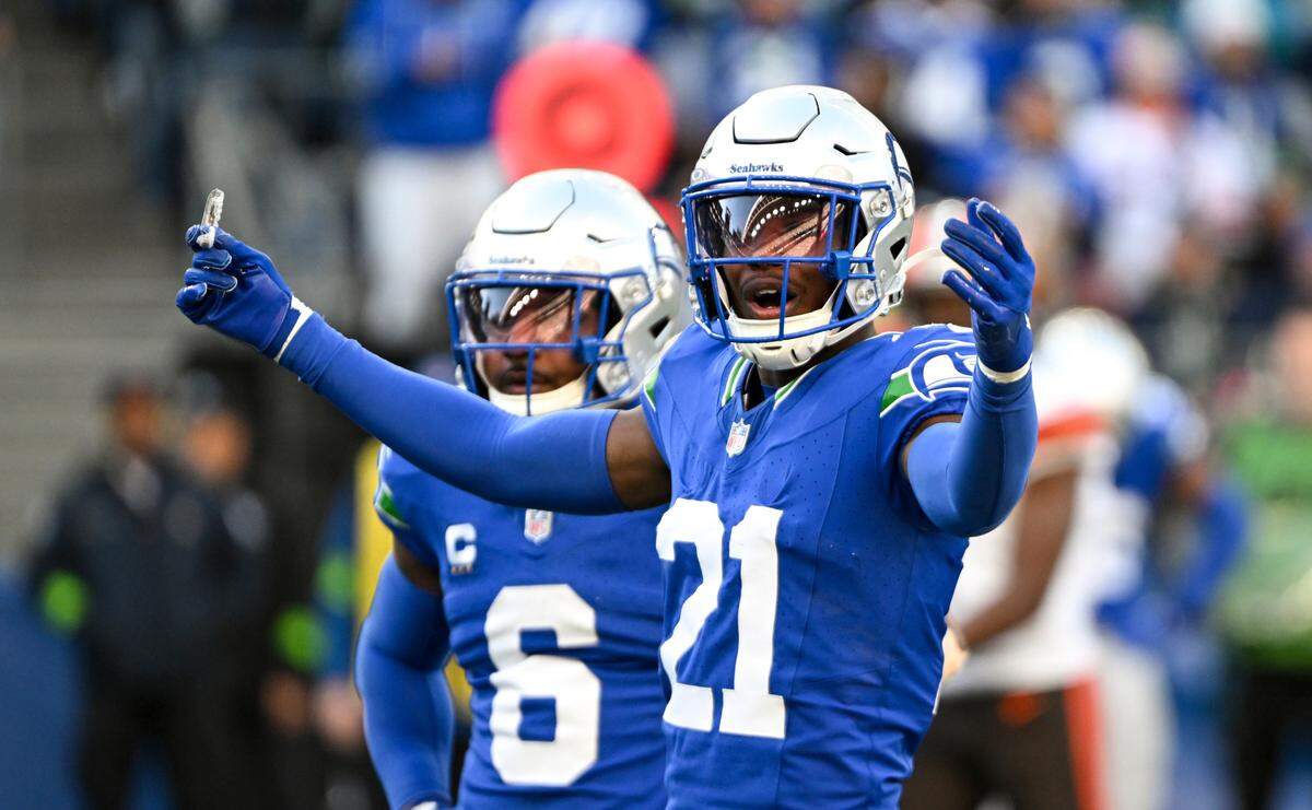 Seattle Seahawks cornerback Devon Witherspoon (21) reacts to a foul during the third quarter of the game against the Cleveland Browns at Lumen Field, Sunday, Oct. 29, 2023, in Seattle, Wash.