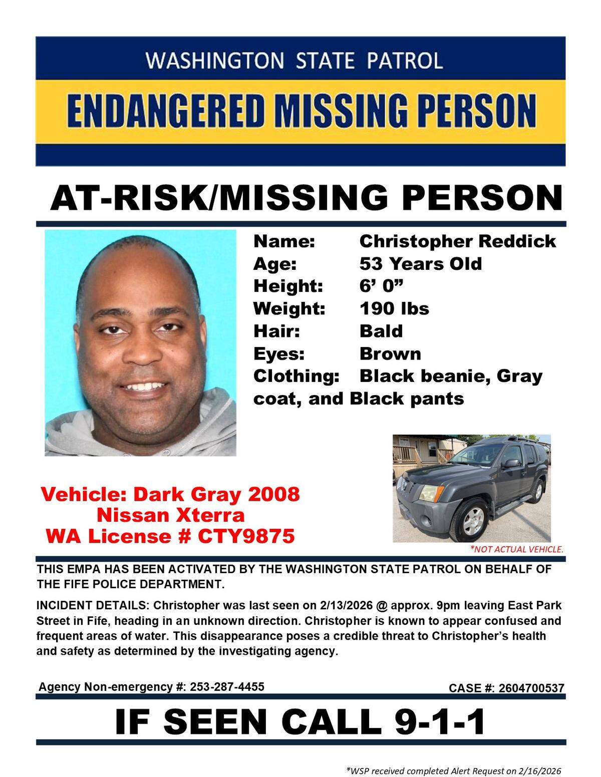 Christopher Reddick, 53, was last seen on Feb. 13 leaving East Park Street in Fife around 9 p.m.