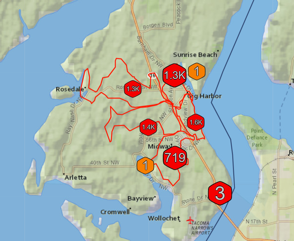 Peninsula Light Company’s outage map shows some 5,700 customers in the Gig Harbor area without power due to an equipment failure at a power facility Thursday, May 15, 2025.