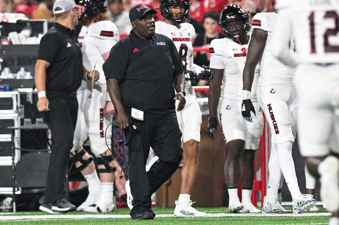 LINCOLN, NEBRASKA - SEPTEMBER 16: Head coach Thomas Hammock of the Northern Illinois Huskies watches action against the Nebraska Cornhuskers in the third quarter at Memorial Stadium on September 16, 2023 in Lincoln, Nebraska. (Photo by Steven Branscombe/Getty Images)