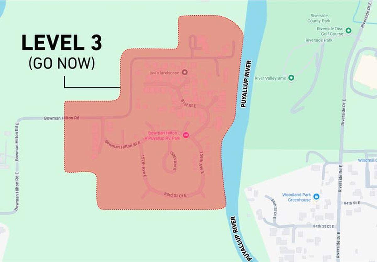 Pierce County has issued a Level 3 – GO NOW evacuation alert for people in the Bowman Hilton RV Park. 
