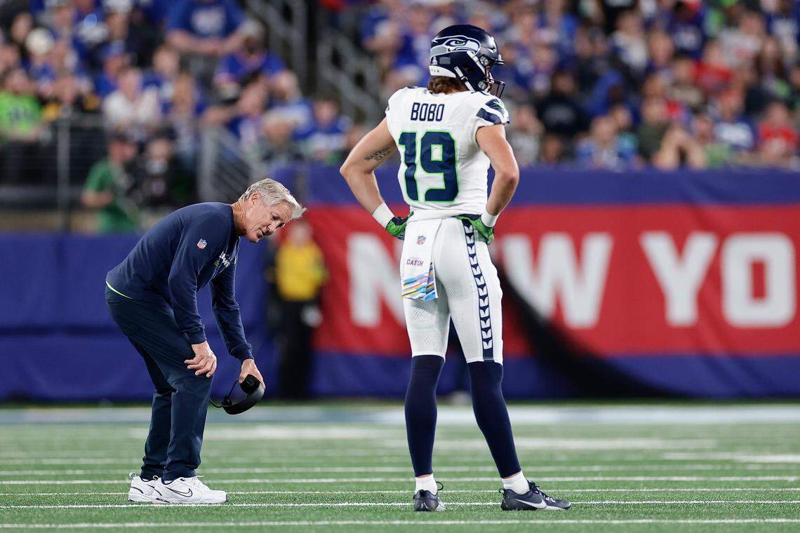 Seattle Seahawks head coach Pete Carroll reacts after an unsportsmanlike conduct call against the Seattle Seahawks during the third quarter of an NFL football game against the New York Giants, Monday, Oct. 2, 2023, in East Rutherford, N.J. (AP Photo/Adam Hunger)