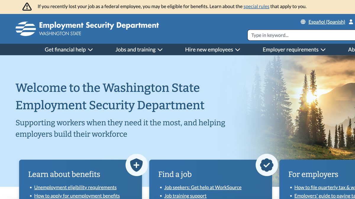 A banner at the top of the Washington Employment Security Department’s website on Thursday alerted federal workers who’ve lost their job to potential benefits.