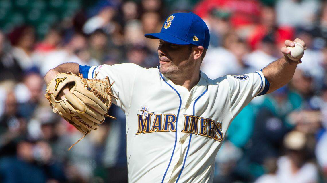Pitcher Wade LeBlanc throws a pitch in the first inning. The Seattle Mariners played the Boston Red Sox in a Major League Baseball Game at T-Mobile Park in Seattle, Wash., on Sunday, March 31, 2019.