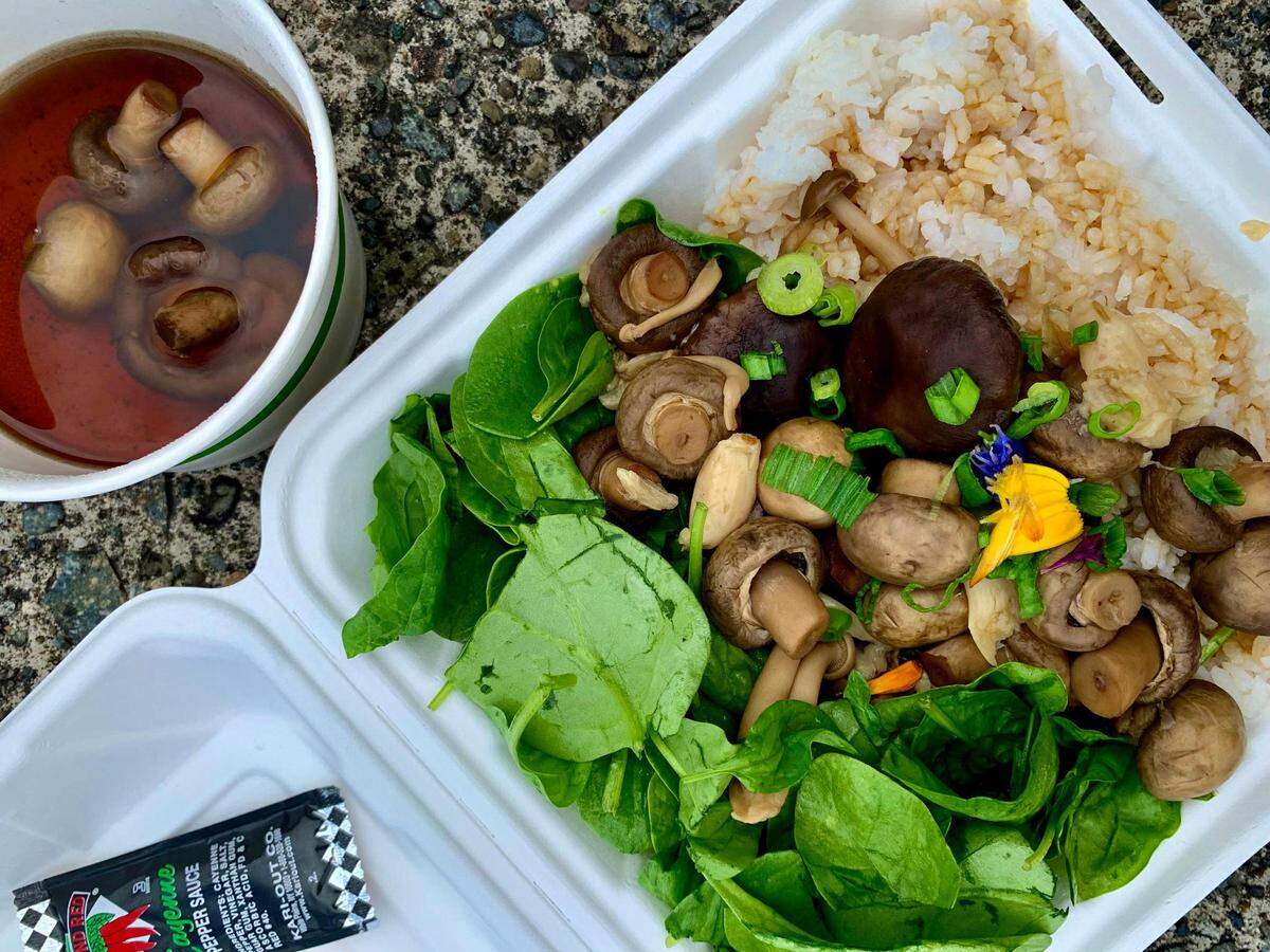 Jan Parker Cookery is known for serving seasonal Filipino food, as in this vegan mushroom adobo, at local farmers markets and other festivals.