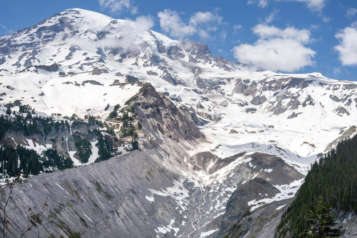 The Nisqually Glacier and the start of the Nisqually River are visible from a viewpoint along the Nisqually Vista Trail on Friday, June 6, 2025, at Mount Rainier National Park.