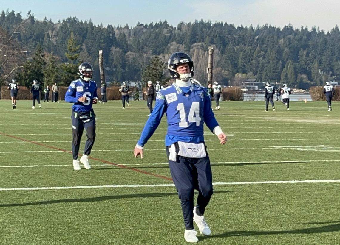 Sam Darnold begins practice Thursday, Jan. 22, 2026, at the Virginia Mason Athletic Center in Renton three days before he and his Seattle Seahawks host the Los Angeles Rams in the NFC championship game.