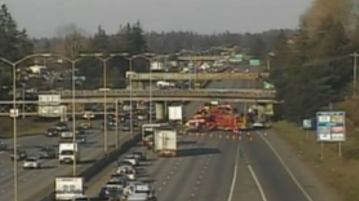 A collision on northbound Interstate 5 near Bridgeport Way Southwest shut down three lanes Tuesday evening.