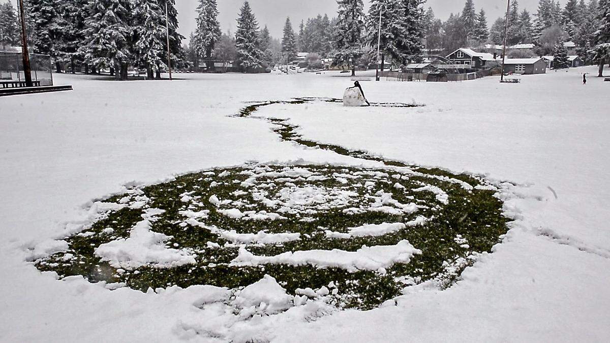 Samantha Homan makes her annual big snowball in Regents Park in Fircrest, February 8, 2019. “The one in the winter storm of 2007 lasted about two months,” she said.