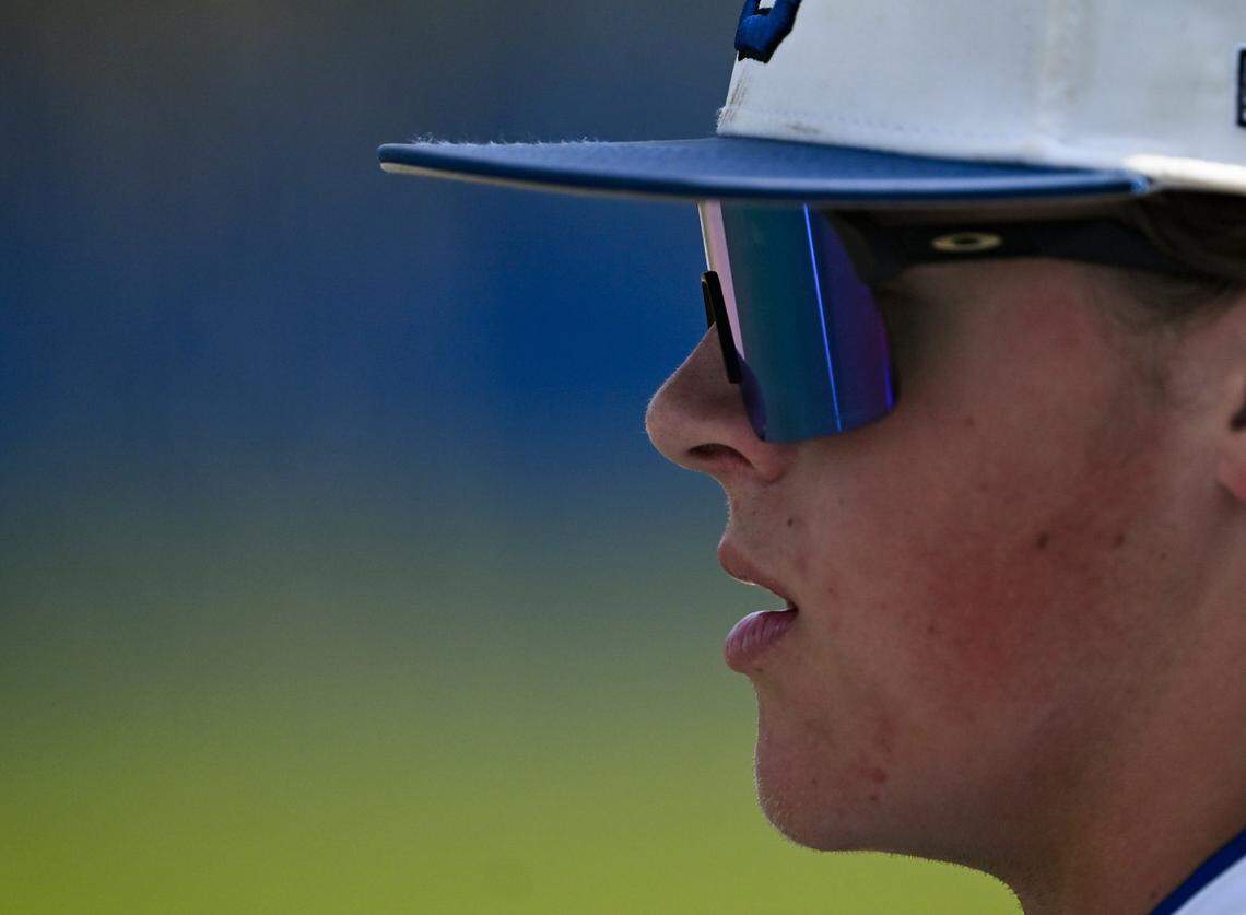 Curtis’s Riley Angelo (2) looks on between innings during the baseball game against Puyallup at Curtis Senior High School, on Tuesday, April 15, 2025, in University Place, Wash.