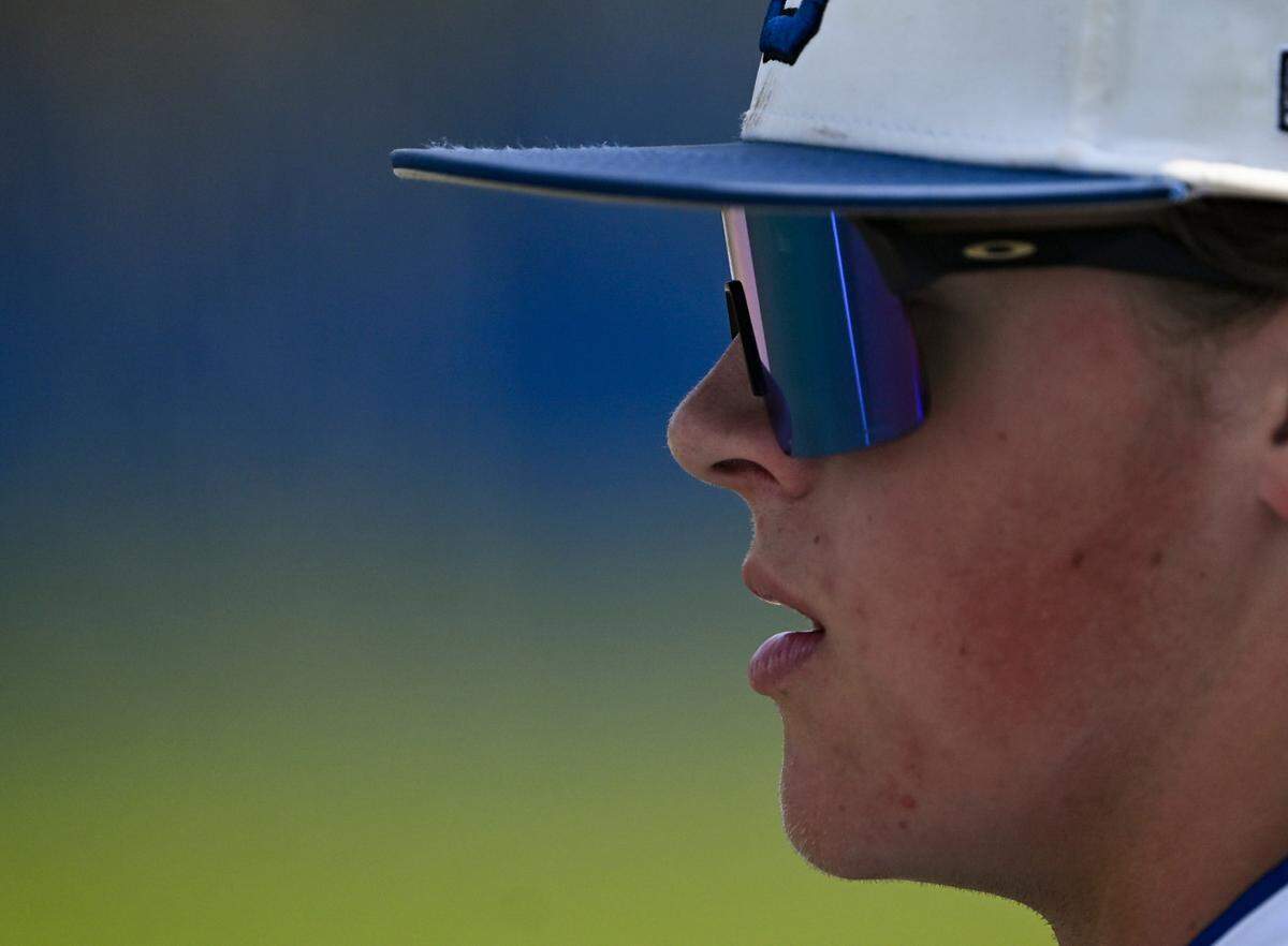 Curtis’s Riley Angelo (2) looks on between innings during the baseball game against Puyallup at Curtis Senior High School, on Tuesday, April 15, 2025, in University Place.