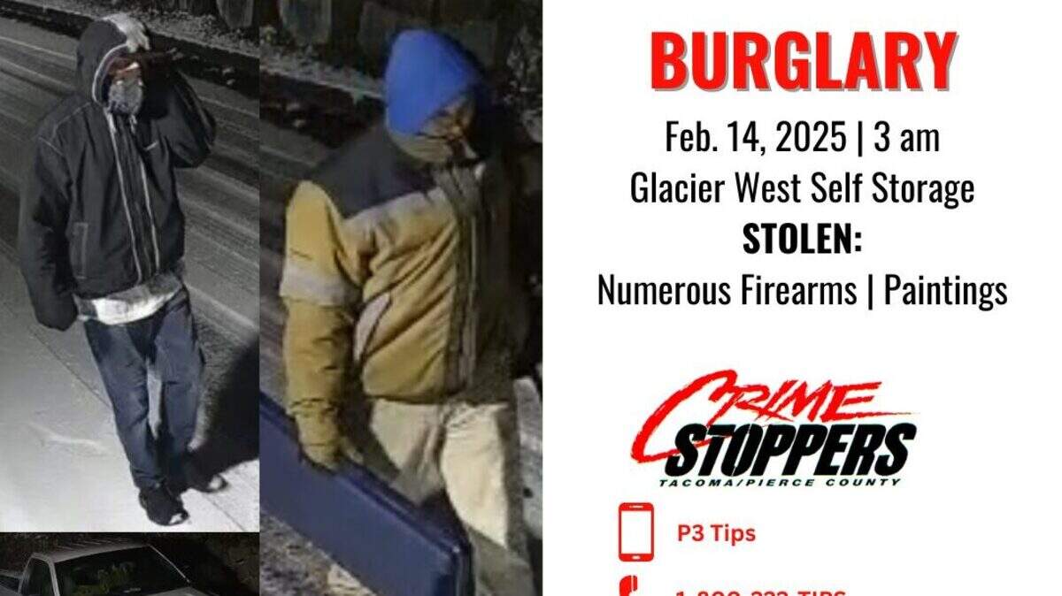Detectives are looking for two men allegedly broke into two storage units in Frederickson on Feb. 14, 2025, according to Crime Stoppers of Tacoma-Pierce County.