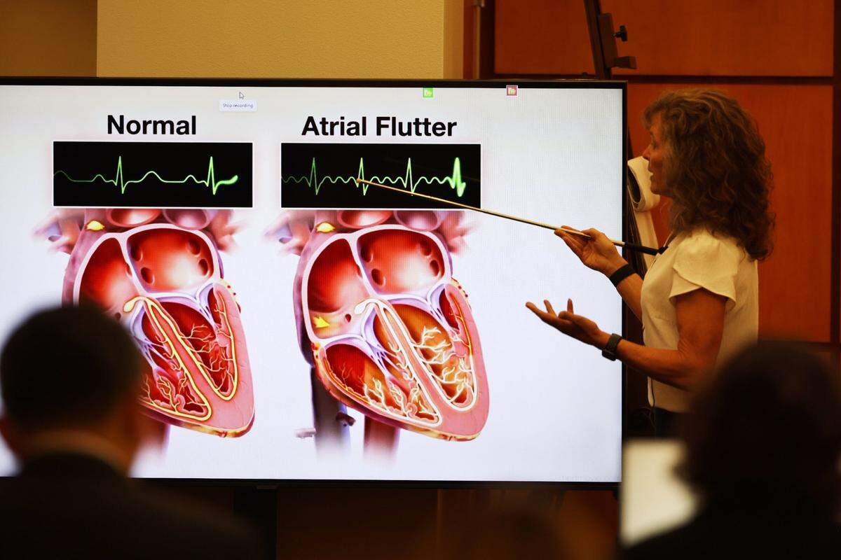 Dr. Jennifer Stankus speaks about atrial flutter in Pierce County Superior Court Thursday Nov. 16, 2023, in Tacoma, WA. Police officers Christopher Burbank, Matthew Collins and Timothy Rankine are charged with the death of Manny Ellis. 225515