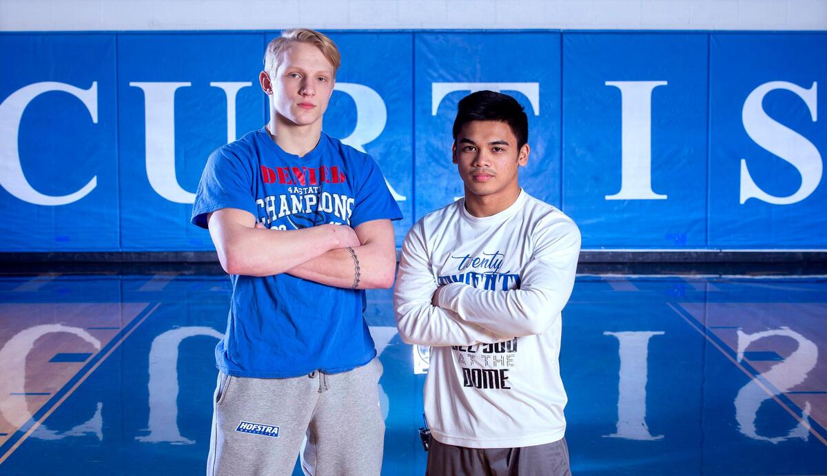 Curtis senior wrestlers Ryan Wheeler (left) and Maka Yacapin will return to the Tacoma Dome for this weekend’s state wrestling championships. They are shown at Curtis High School in University Place on Wednesday, Feb. 19, 2020.