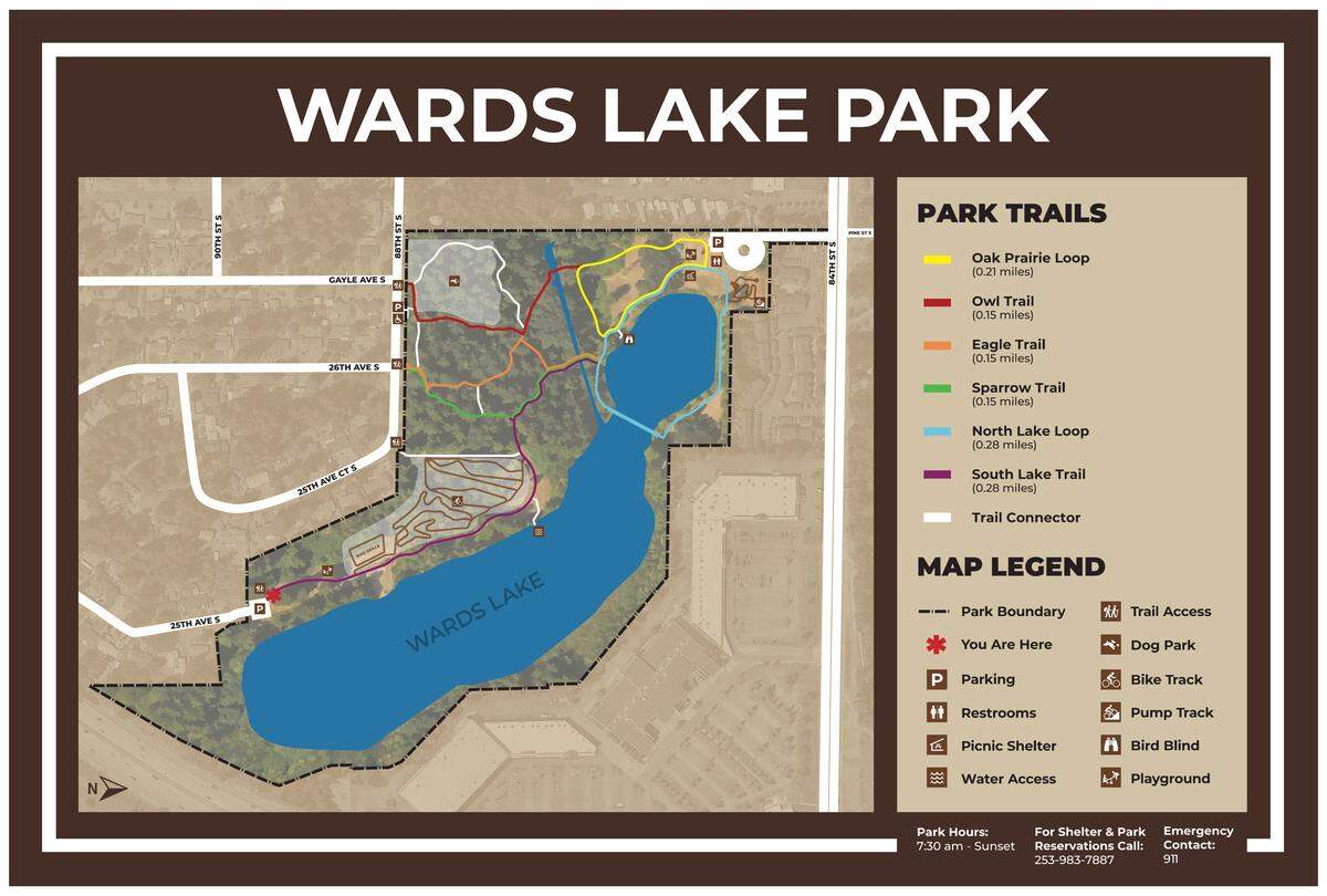 A map of Wards Lake Park in Lakewood, Wash. depicts a series of new hiking and mountain bike trails that open Dec. 10, 2025.