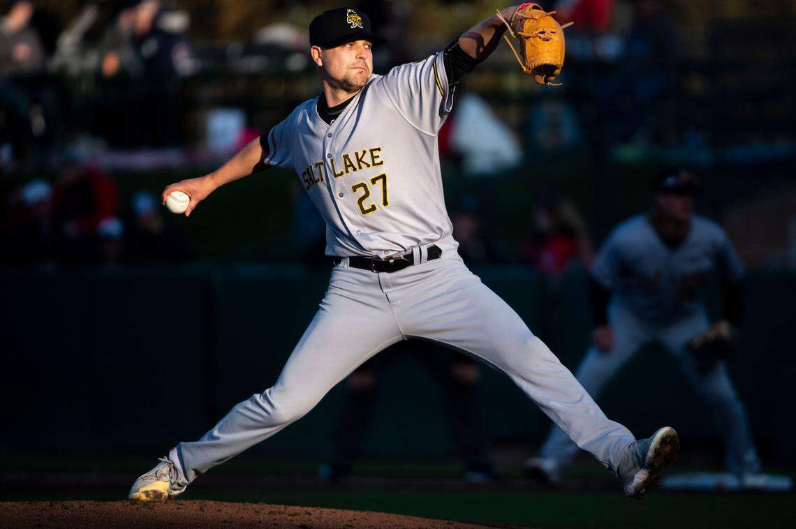 Salt Lake Bees starter Janson Junk delivers a pitch to a Tacoma batter during the bottom of the first inning of the season opener at Cheney Stadium in Tacoma, Wash., Tuesday, April 5, 2022. Junk, who graduated from Decatur High School in Federal Way, allowed 2 runs on five hits in 3 2/3 innings pitched.
