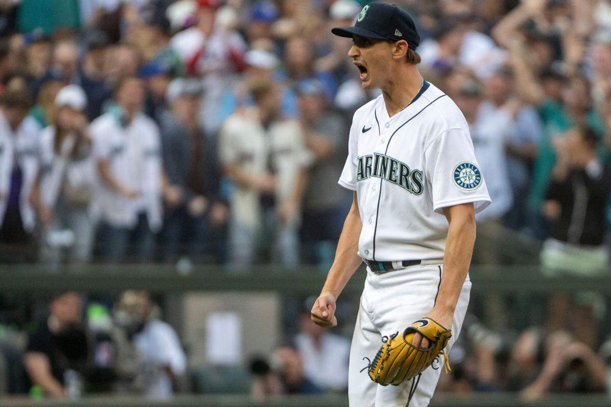 Seattle Mariners starting pitcher George Kirby (68) celebrates after striking out Houston’s Jose Altuve to end the top of the seventh inning of game 3 of the ALDS on Saturday, Oct. 15, 2022, at T-Mobile Park in Seattle. Kirby pitched seven shutout innings giving up six hits.