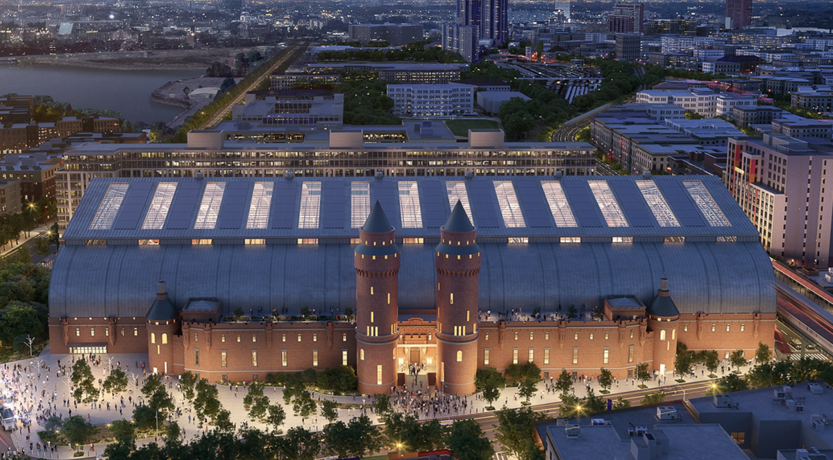 This rendering shows a redeveloped Kingsbridge Armory in the Bronx, New York.