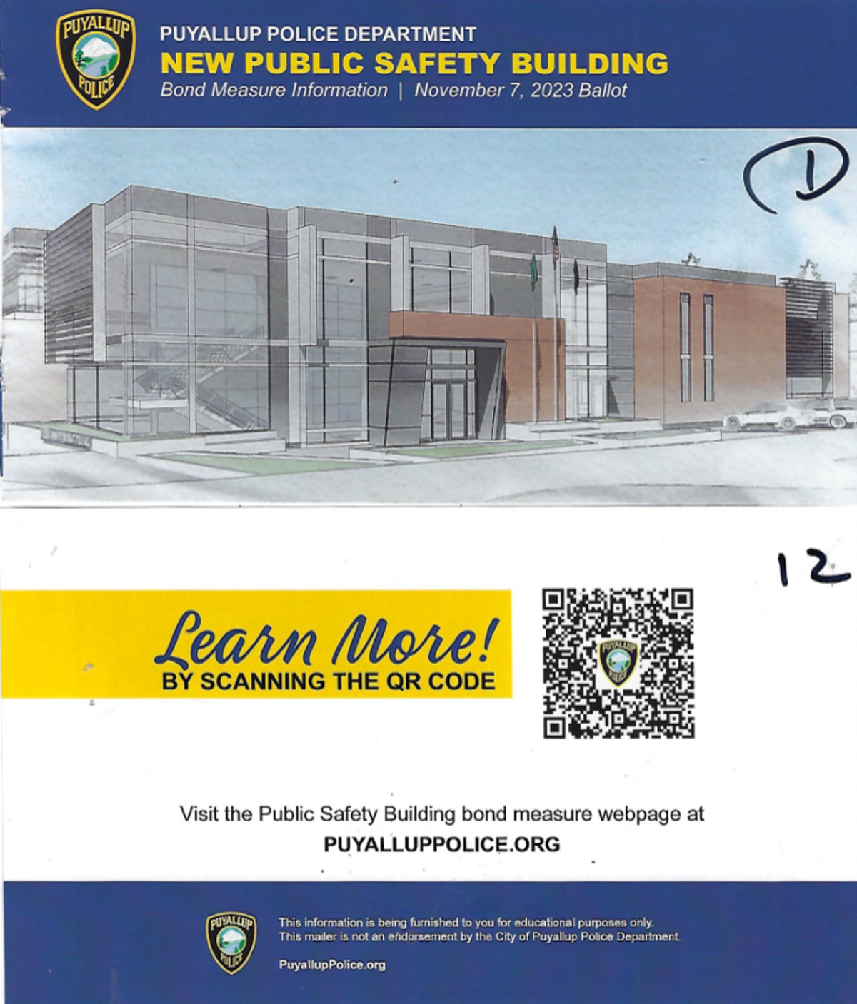 The first and last page of the city of Puyallup’s mailer regarding the public safety building.