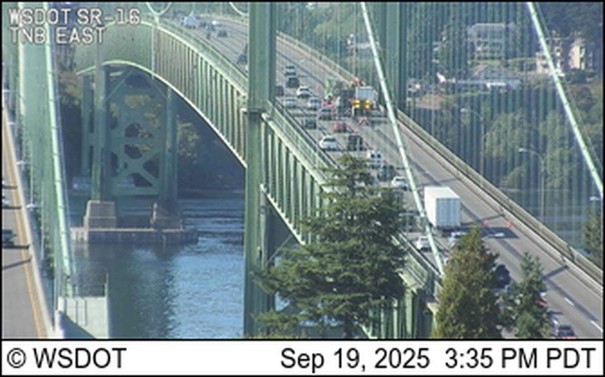 Lane closures on the westbound Tacoma Narrows Bridge brought the afternoon commute to a slog Friday, Sept. 19, 2025, for travelers heading from Tacoma to Gig Harbor, Wash.