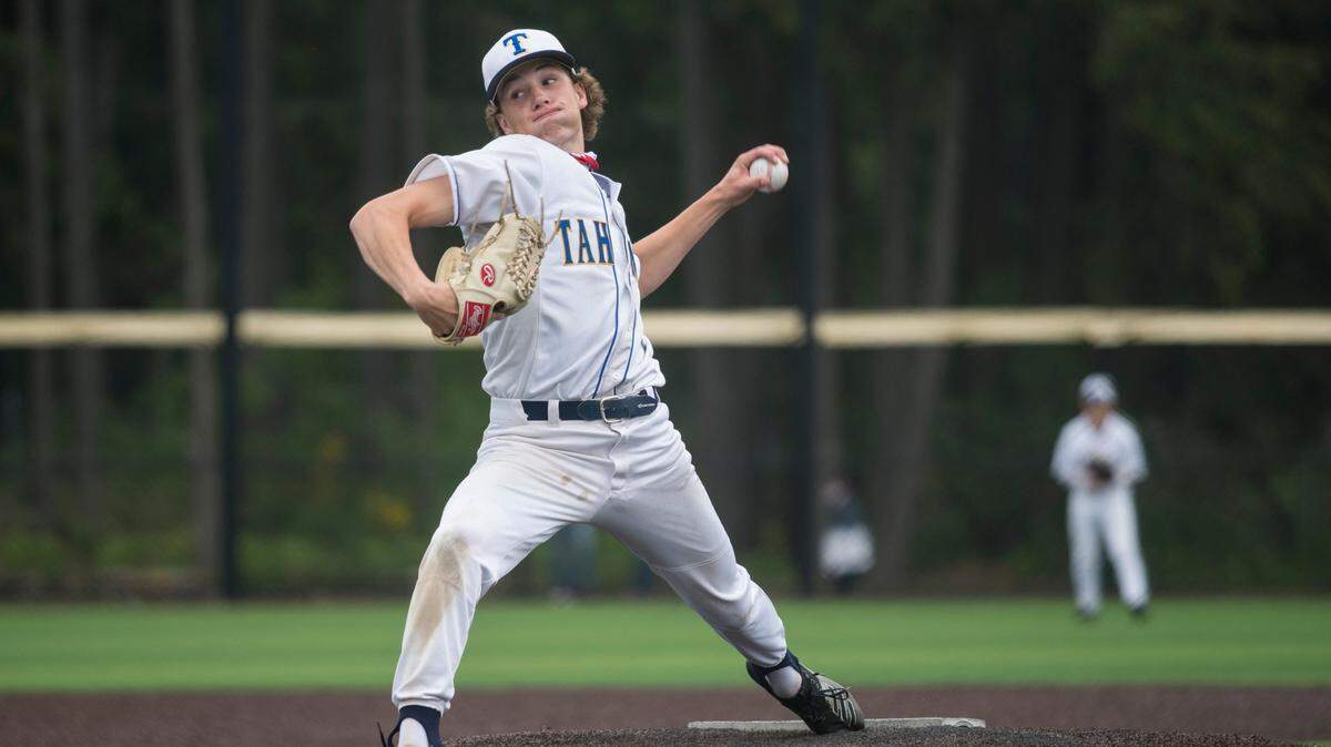 Tahoma High School starter Matt Lewis pitches in the Class 4A/3A North Puget Sound League baseball championship game on Saturday, May 22, 2021 in Maple Valley, Wash. Tahoma topped Kentlake, 5-1.