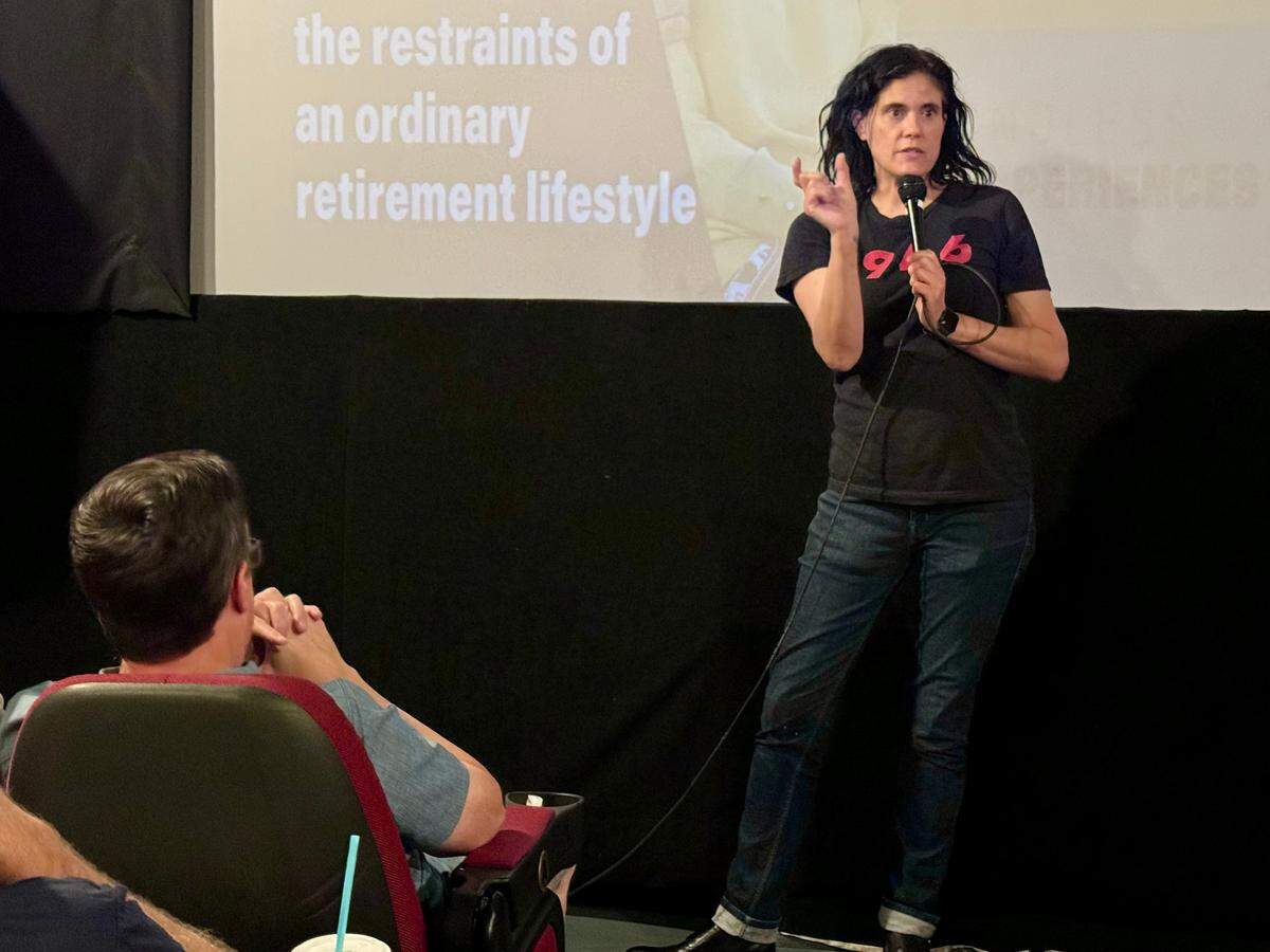 “1946: The Mistranslation That Shifted Culture” director Sharon “Rocky” Roggio answers audience questions after a screening of the film at Tacoma’s Grand Cinema on July 18, 2024.