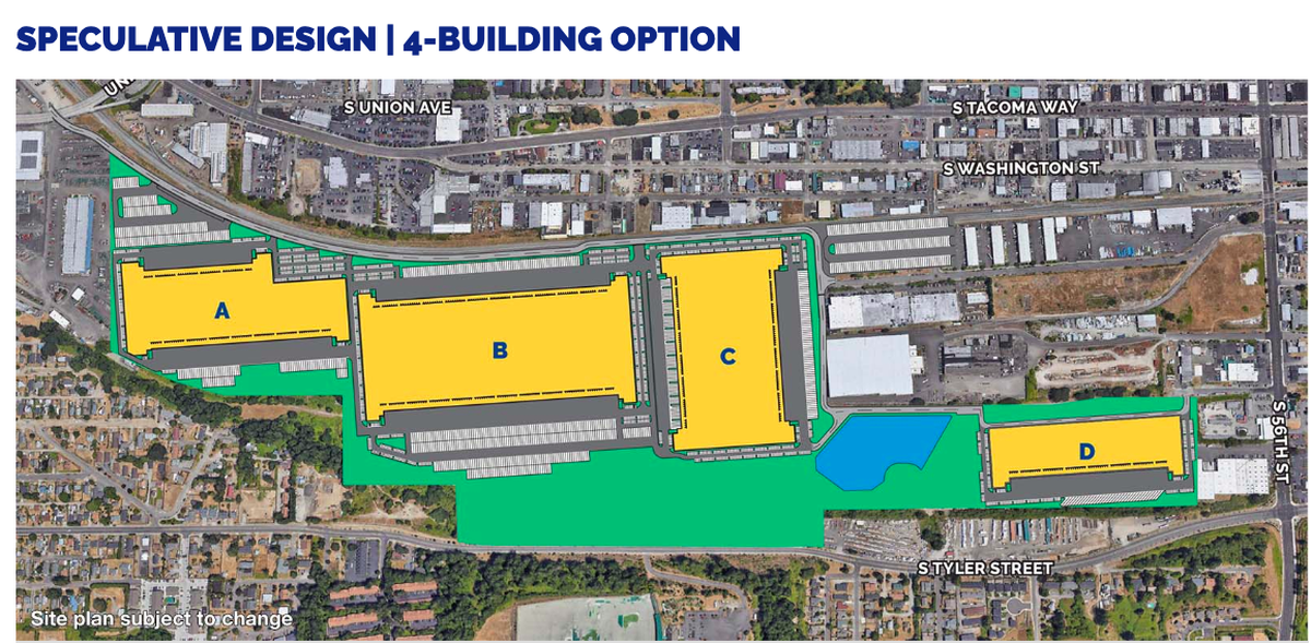 A screenshot from Bridge Point Tacoma 2MM website on potential layout of warehouse campus in South Tacoma.