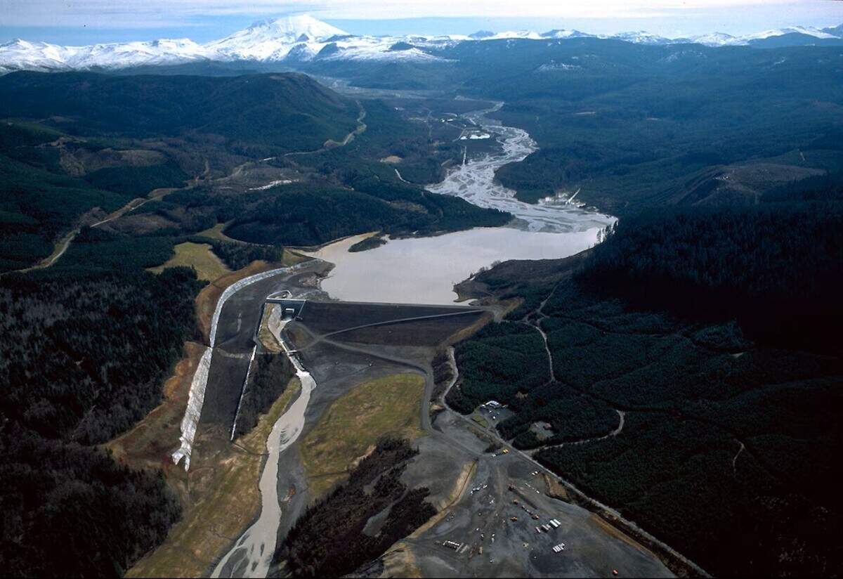 The SRS, a large dam completed in 1989 by the Army Corps of Engineers to block sediment from moving downstream after the eruption of Mount St. Helens.