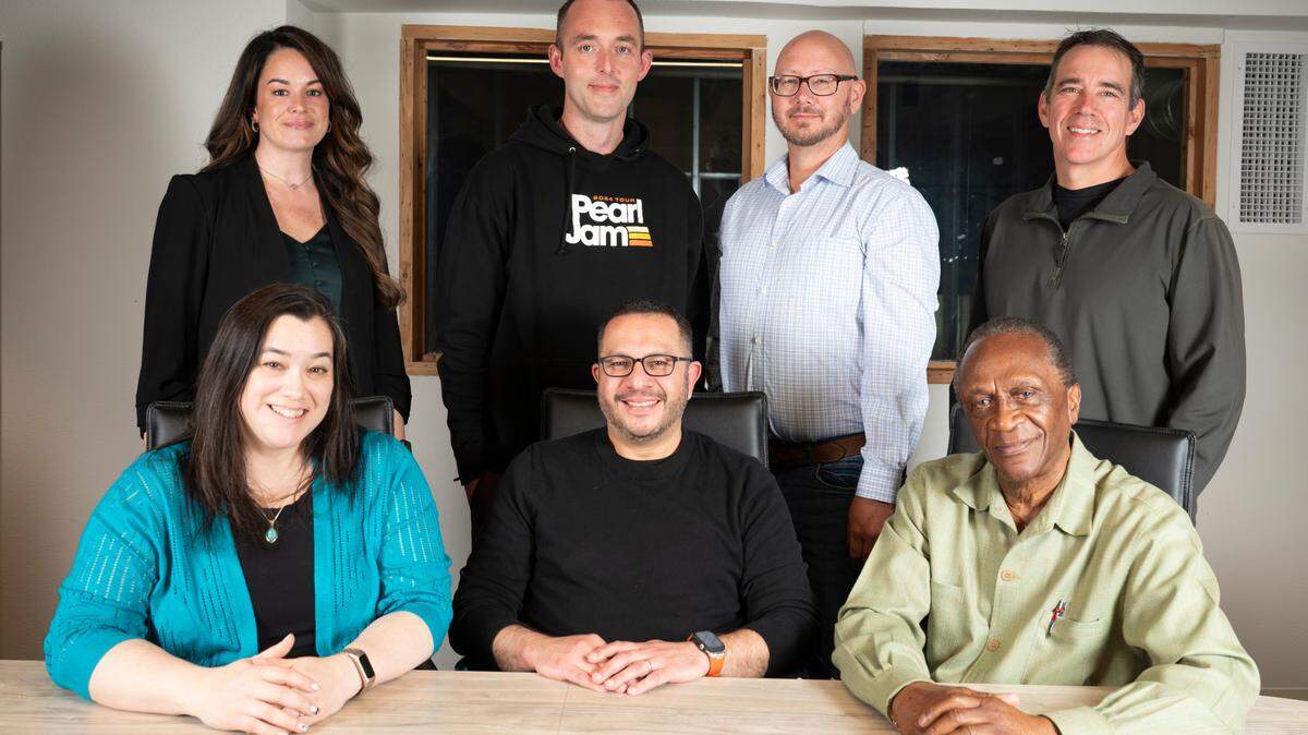 The editorial board poses for a portrait at The News Tribune office, on Monday, June 3, 2024, in Tacoma, Wash. Bottom (left to right): Amanda Figueroa, J. Manny Santiago and Jim Walton. Top: Stephanie Pedersen, Matt Driscoll, Justin Evans and Bart Hayes