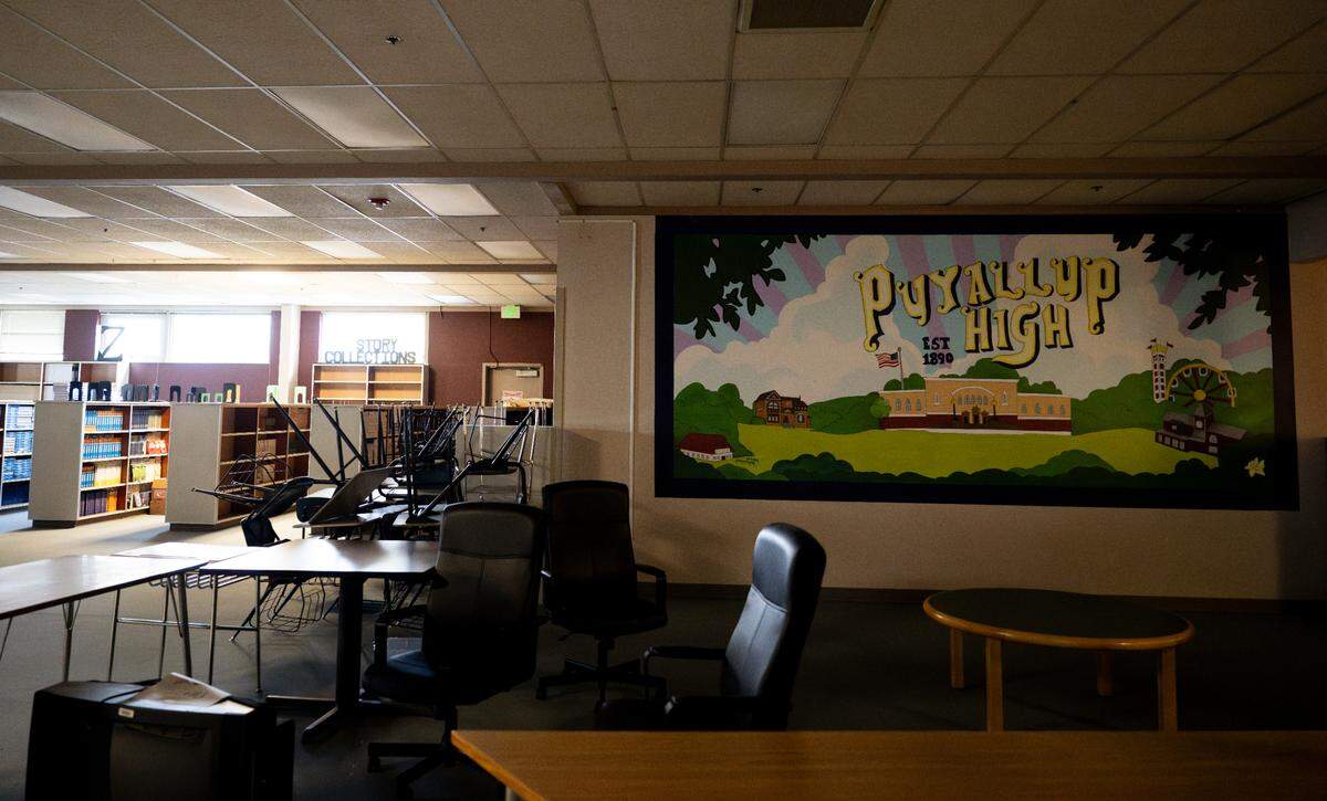 The library at Puyallup High School isn’t accessible by the more than 1,700 students. It’s used to store some textbooks and other supplies. Prop 1, which voters will decide on Feb. 13, would fund improvements to the school through a capital levy.