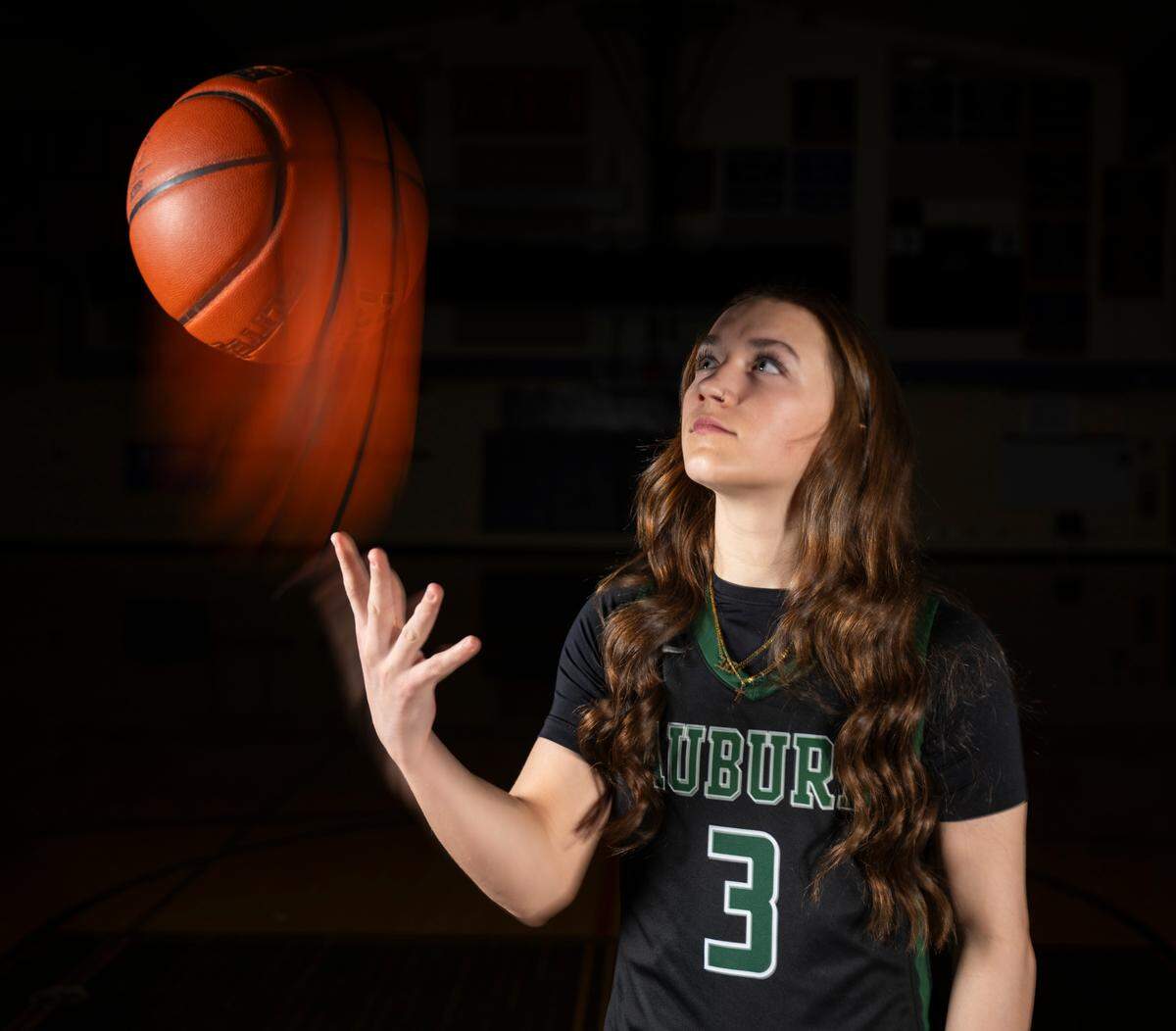 The News Tribune’s 2025 All-Area girls basketball first-team selection, Auburn sophomore Avery Hansen, poses for a portrait at Sumner High School, on Sunday, March 23, 2025, in Sumner.