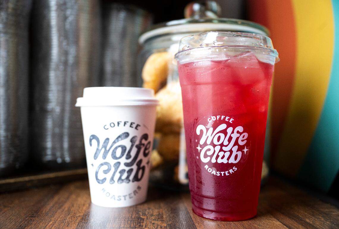 Wolfe Club Coffee Roasters makes its signature syrups in-house and brews its own carbonated energy drink called Prayers, here in its Halloween-themed Boo Berry edition.