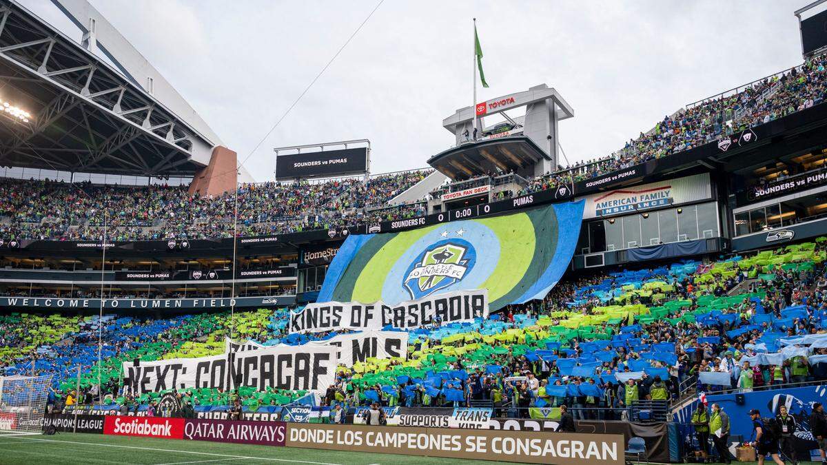 Sounders fans on the south end of Lumen Field present a colorful tifo prior to kick off of the second leg of the CONCACAF Champions League Final at Lumen Field in Seattle, on Wednesday, May 4, 2022
