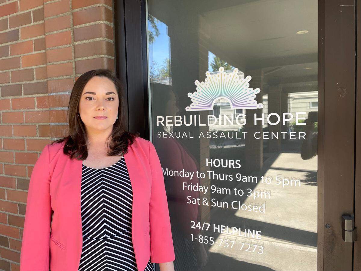 Carlyn Sampson, the executive director of the Rebuilding Hope sexual assault center in Tacoma, speaks out about changes to the national Teen Mental Health First Aid guidance on June 6, 2025.