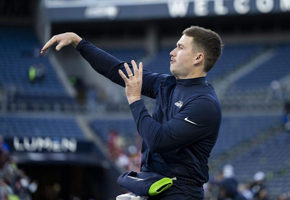 Seattle Seahawks quarterback Drew Lock (2) warms up before the NFC Divisional Round game against the San Francisco 49ers at Lumen Field, on Saturday, Jan. 17, 2026, in Seattle.