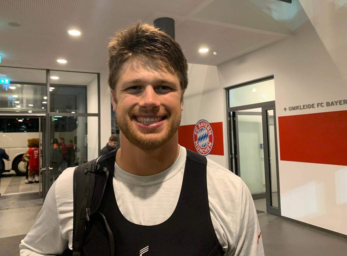 Former Tumwater High School and University of Washington tight end Cade Otton after Tampa Bay Buccaneers practice at the training headquarters for FC Bayern Munich Friday, Nov. 11, 2022. He and the Buccaneers were in Germany to play the Seahawks Nov. 13, 2022, in Munich.